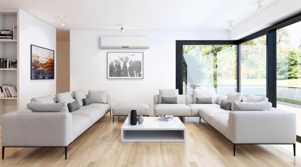 A lounge with sofa and an indoor air conditioning unit in basildon