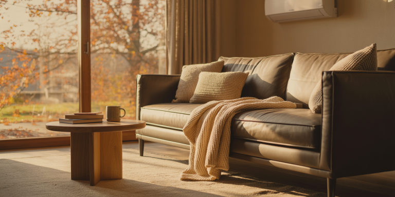 cosy autumn living room with sunlight coming through the window, an air conditioning unit on the wall, and warm seasonal colours creating a comfortable atmosphere
