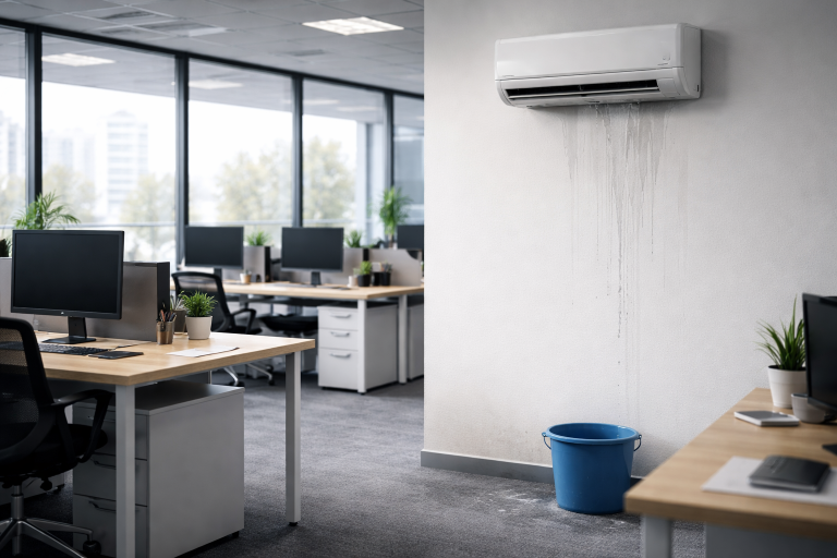 air conditioning unit leaking water in a commercial office after being switched back on without servicing