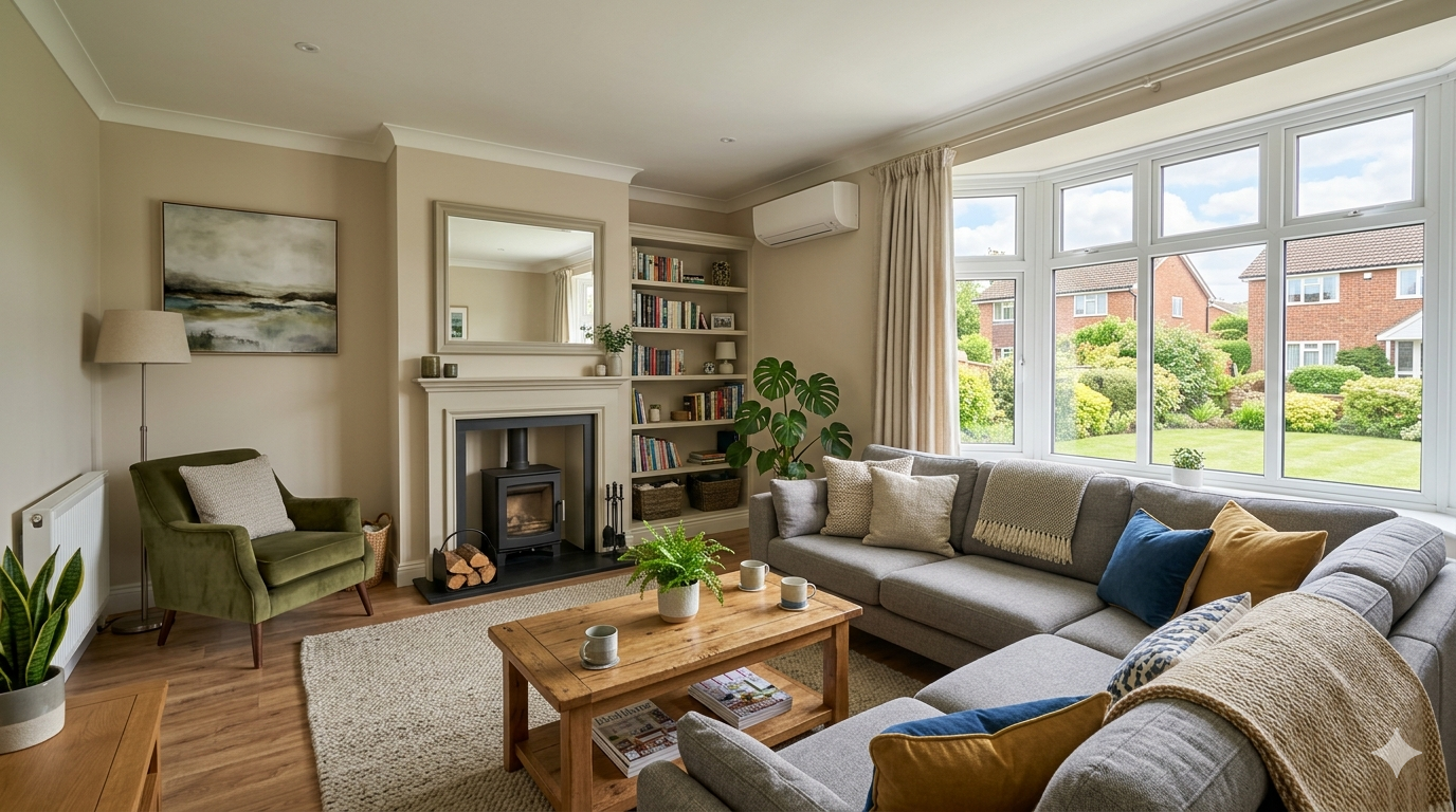 Alt text: A wide-angle, professional photograph of a bright, modern UK living room with neutral décor. The space features a grey sectional sofa with colourful cushions, a wooden coffee table, and an olive green armchair. Natural light streams through a large bay window overlooking a suburban garden. A wall-mounted air conditioning unit is visible high on the wall, and the room includes a traditional fireplace with a wood-burning stove, creating a comfortable and airy atmosphere.