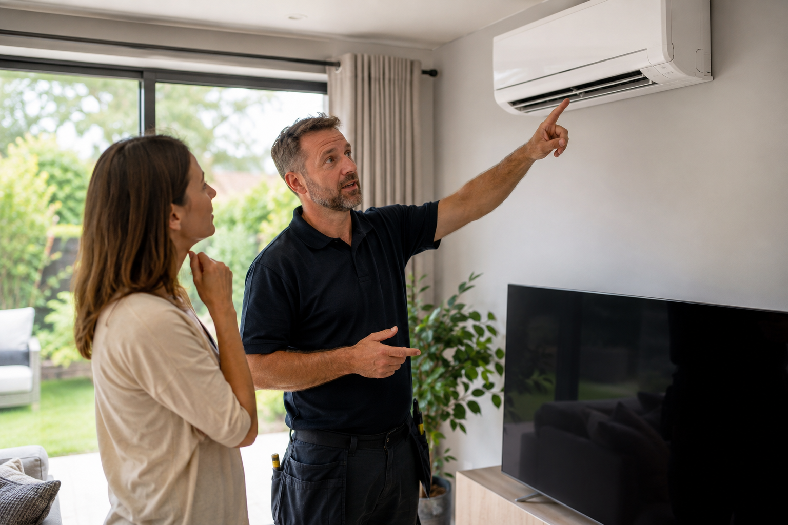 Homeowner discussing a new domestic air conditioning installation with a professional engineer in a modern UK home
