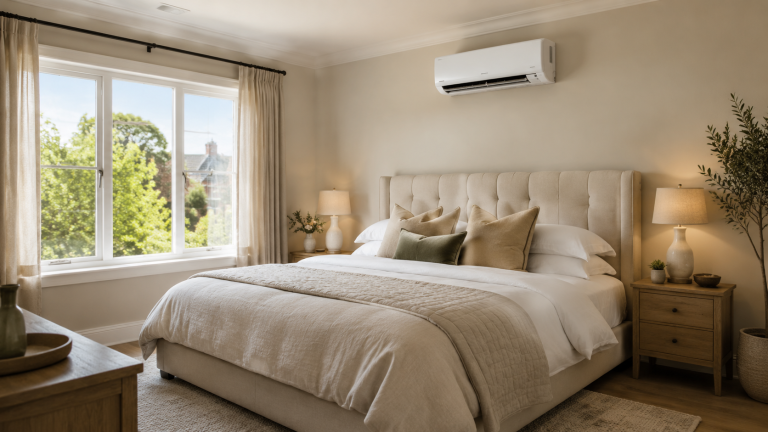 Modern wall-mounted air conditioning unit installed above the bed in a contemporary main bedroom