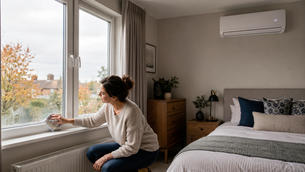 Wall-mounted air conditioning helping control condensation and humidity in an Essex bedroom