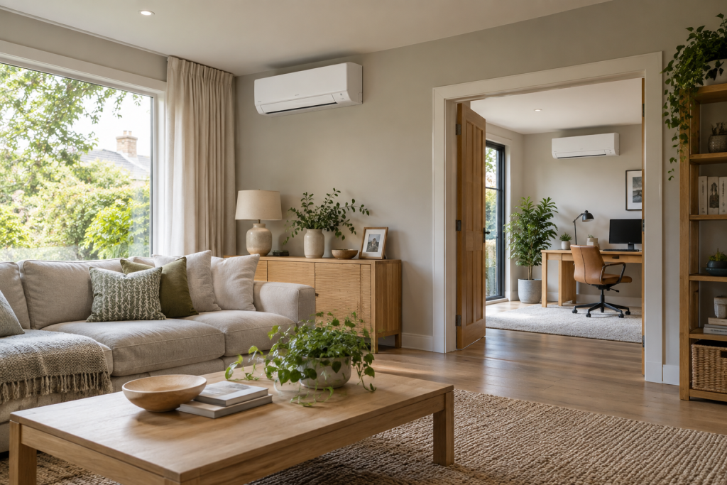 Wall-mounted air conditioning units in a bright living room and adjoining home office.