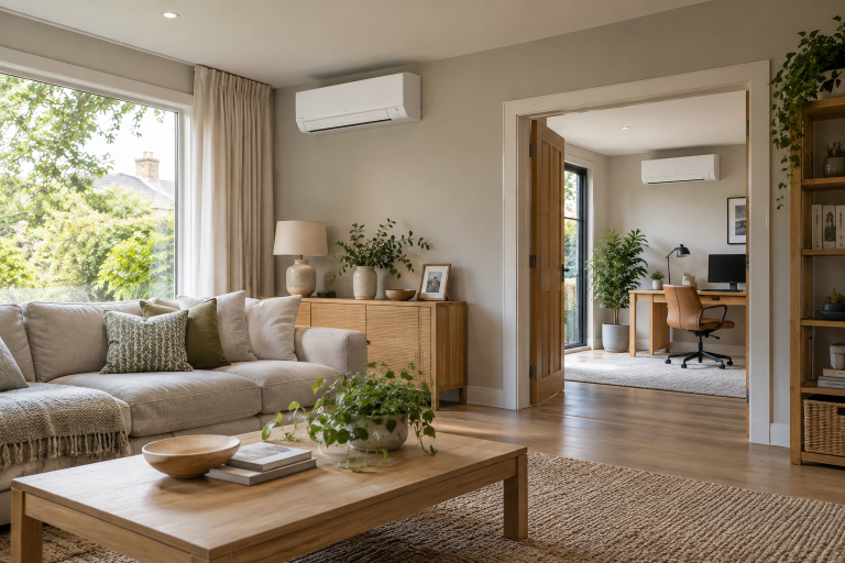 Wall-mounted air conditioning units in a bright living room and adjoining home office.